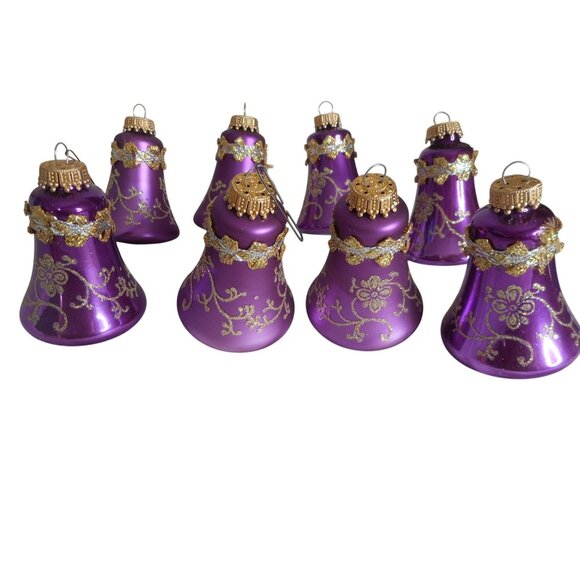 VTG Christmas by Krebs Set of 8 purple Glass Bell Tree Ornaments glitter accents - Picture 1 of 2